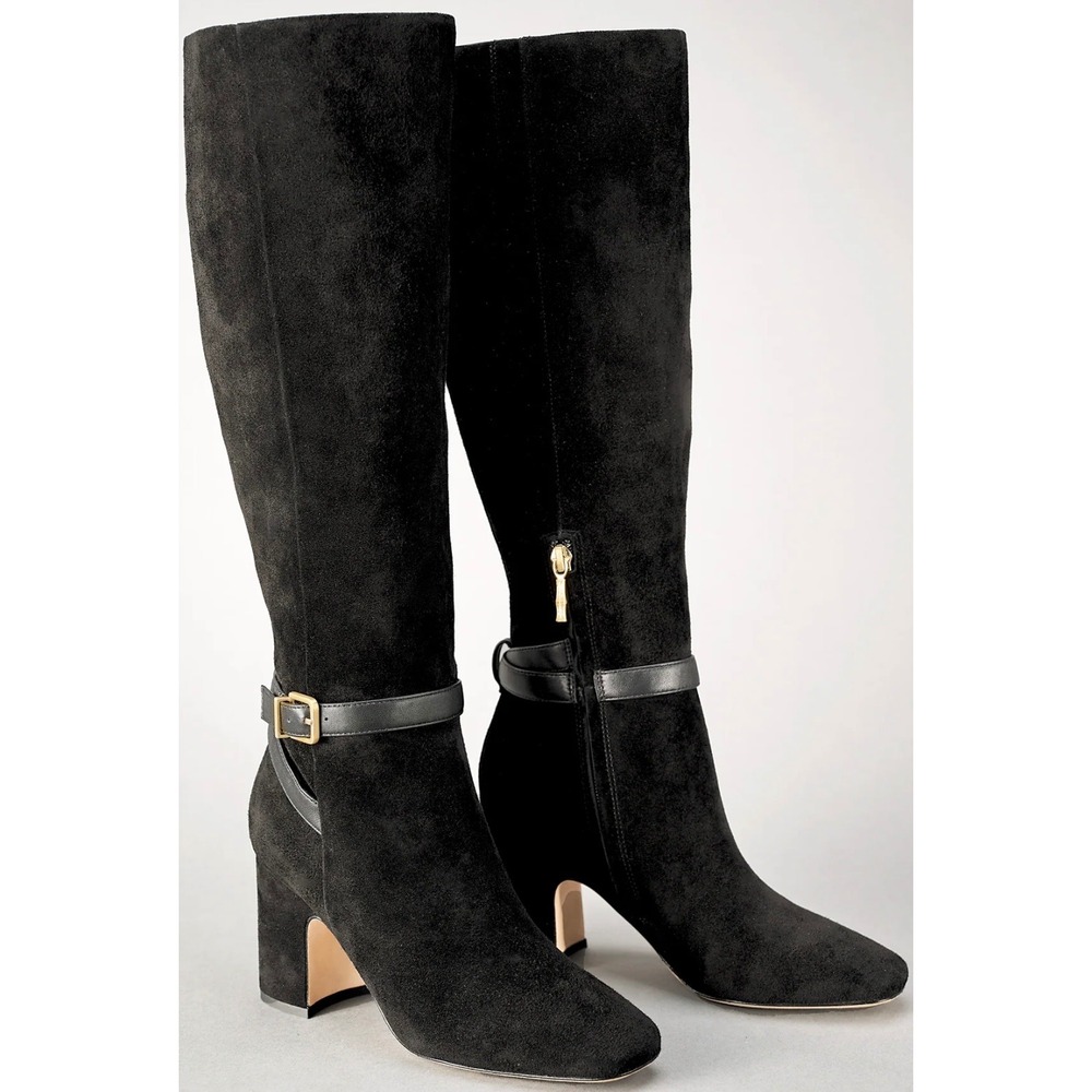 J.McLaughlin Gaia Suede Tall Boots Black Block Heel Side Zip‎ Buckle Detail 6 - Picture 3 of 10